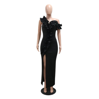 Women’s One-Shoulder Pleated Evening Dress – Sexy Elegant Sleeveless Solid Color Party Gown
