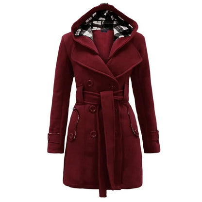 Fashionable Women's Woolen Warm Fleece Double Breast Jacket With Belts