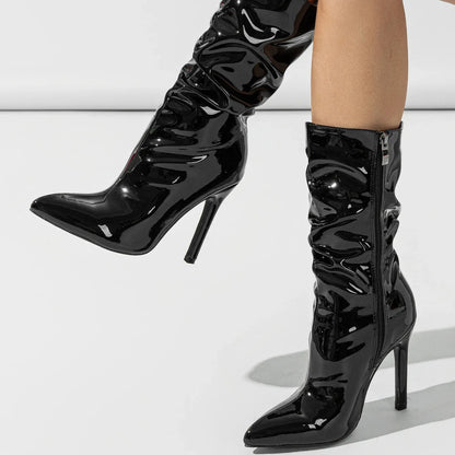 Women’s Patent Leather Stiletto Pointed Toe, Short Tube High Heel Knight Boots