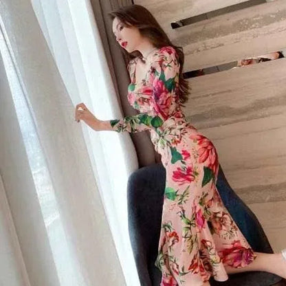 Spring Women's Retro Mid-Length Dress - Long Sleeve, Printed, Tight & Casual