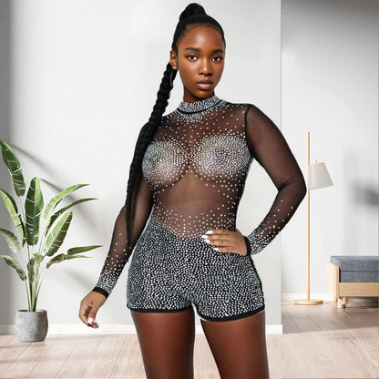 Sexy Sheer Rhinestone Clubwear Hot Drilling Bodysuit for Women