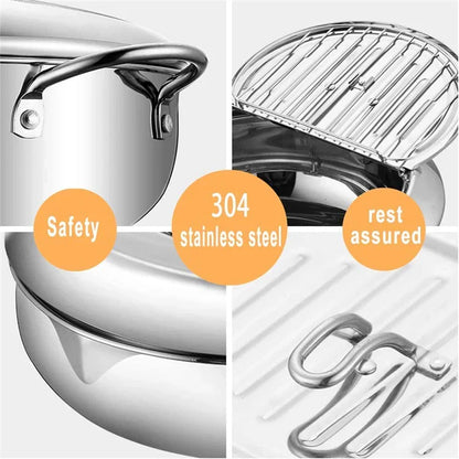 LMETJMA Japanese Deep Frying Pot with a Thermometer and a Lid 304 Stainless Steel Kitchen Tempura Fryer Pan 20 24 cm KC0405