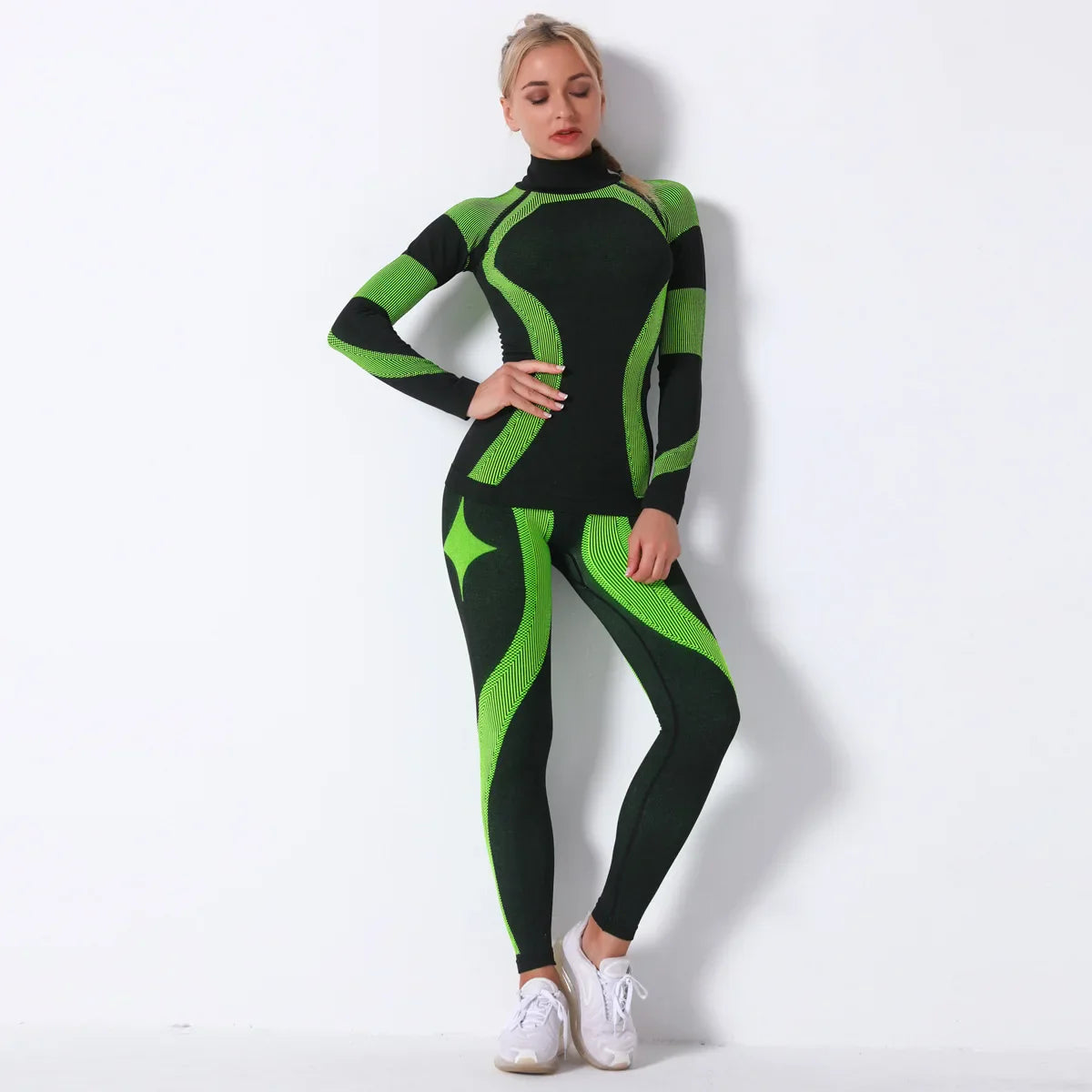 Breathable Yoga Workout Long Sleeve Shirt Leggings Set Gym Sports Fitness Striped Pants Suit For Women