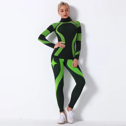 Breathable Yoga Workout Long Sleeve Shirt Leggings Set Gym Sports Fitness Striped Pants Suit For Women