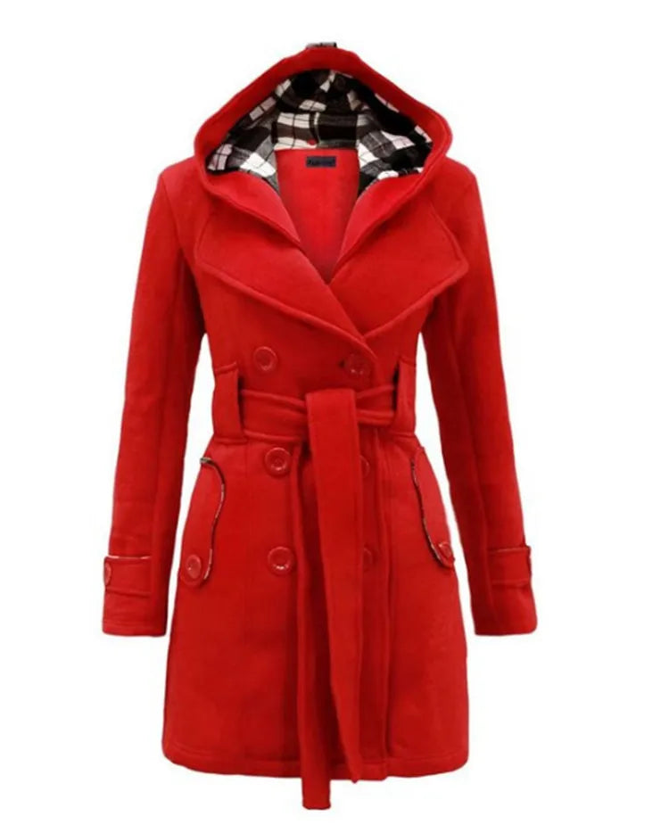 Fashionable Women's Woolen Warm Fleece Double Breast Jacket With Belts