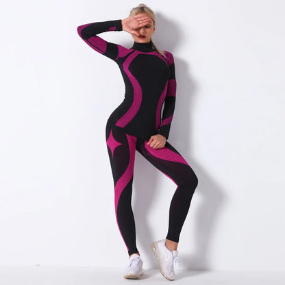 Breathable Yoga Workout Long Sleeve Shirt Leggings Set Gym Sports Fitness Striped Pants Suit For Women