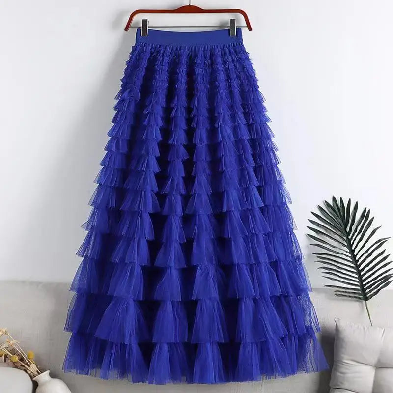 High-Waisted Mesh Layered Skirt for Women – Spring & Fall Elegant Cake Skirt