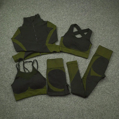 2/3/5 PCS Seamless Women Yoga Set Workout Sportswear Gym Clothing Fitness Long Sleeve Crop Top High Waist Leggings Sports Suits