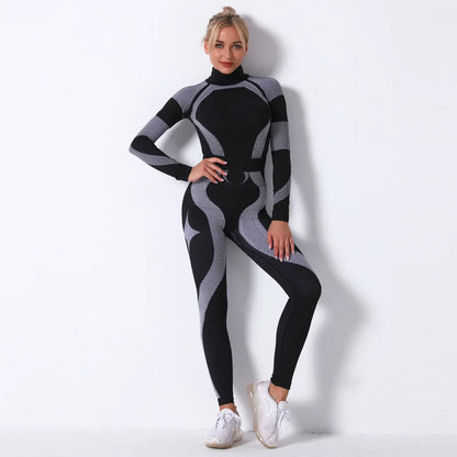Breathable Yoga Workout Long Sleeve Shirt Leggings Set Gym Sports Fitness Striped Pants Suit For Women