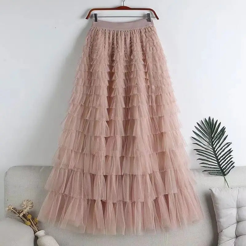 High-Waisted Mesh Layered Skirt for Women – Spring & Fall Elegant Cake Skirt
