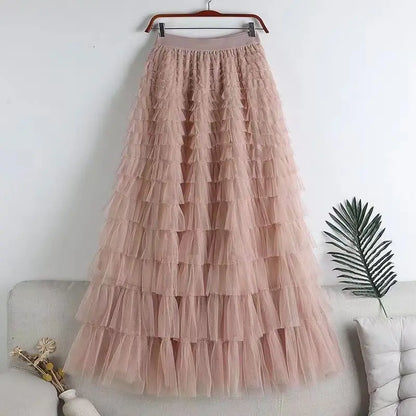 High-Waisted Mesh Layered Skirt for Women – Spring & Fall Elegant Cake Skirt