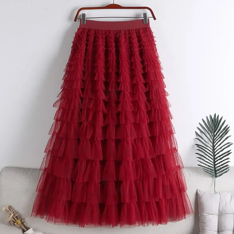 High-Waisted Mesh Layered Skirt for Women – Spring & Fall Elegant Cake Skirt