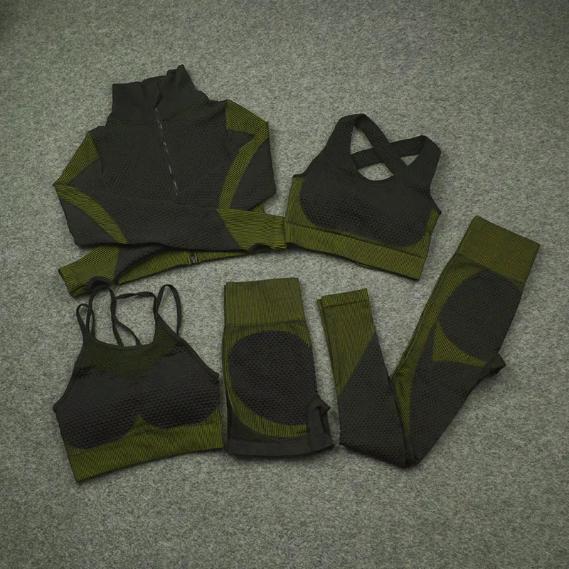 2/3/5 PCS Seamless Women Yoga Set Workout Sportswear Gym Clothing Fitness Long Sleeve Crop Top High Waist Leggings Sports Suits