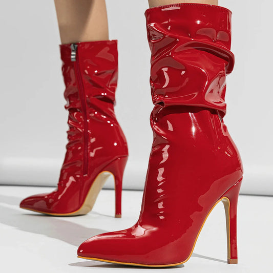 Women’s Patent Leather Stiletto Pointed Toe, Short Tube High Heel Knight Boots