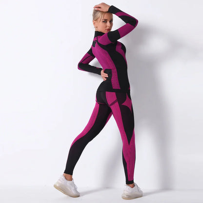 Breathable Yoga Workout Long Sleeve Shirt Leggings Set Gym Sports Fitness Striped Pants Suit For Women