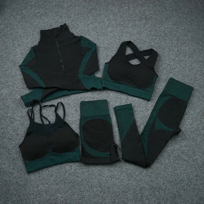 2/3/5 PCS Seamless Women Yoga Set Workout Sportswear Gym Clothing Fitness Long Sleeve Crop Top High Waist Leggings Sports Suits