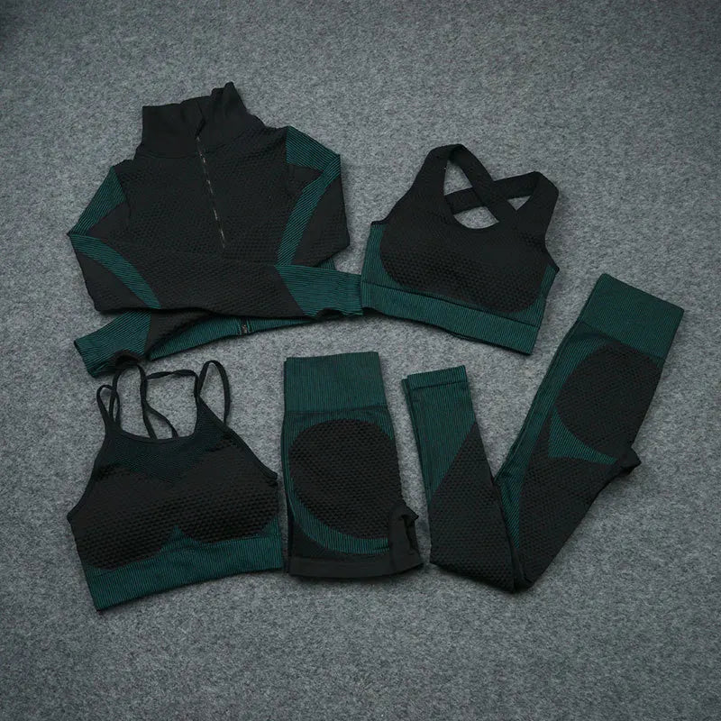 2/3/5 PCS Seamless Women Yoga Set Workout Sportswear Gym Clothing Fitness Long Sleeve Crop Top High Waist Leggings Sports Suits