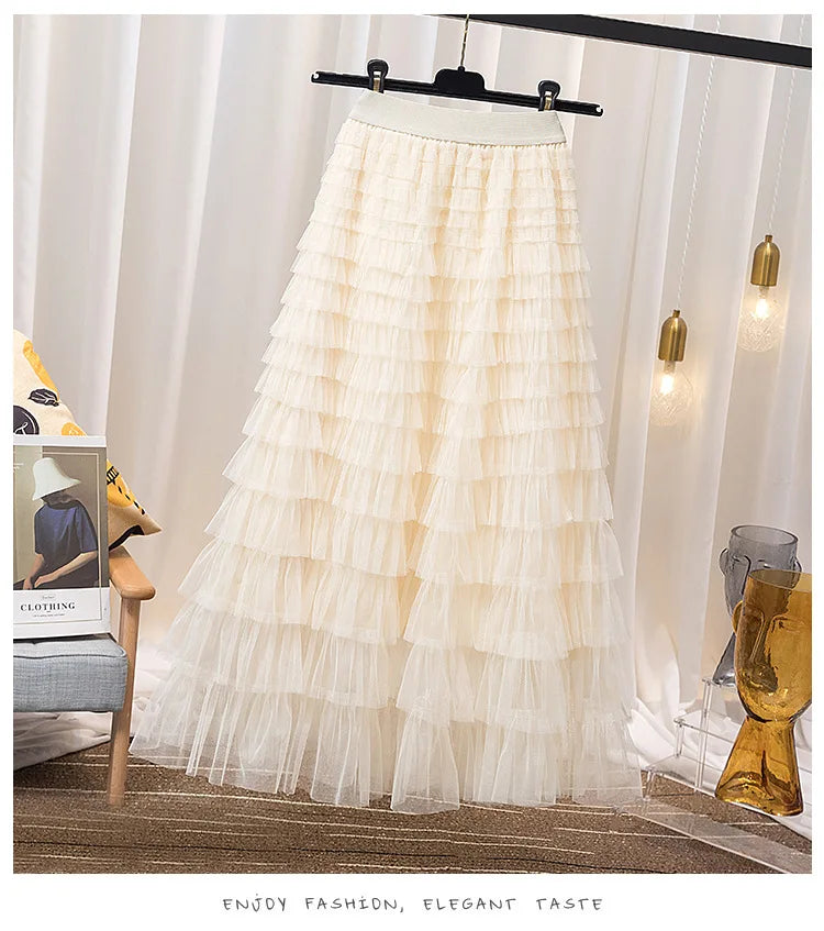 High-Waisted Mesh Layered Skirt for Women – Spring & Fall Elegant Cake Skirt