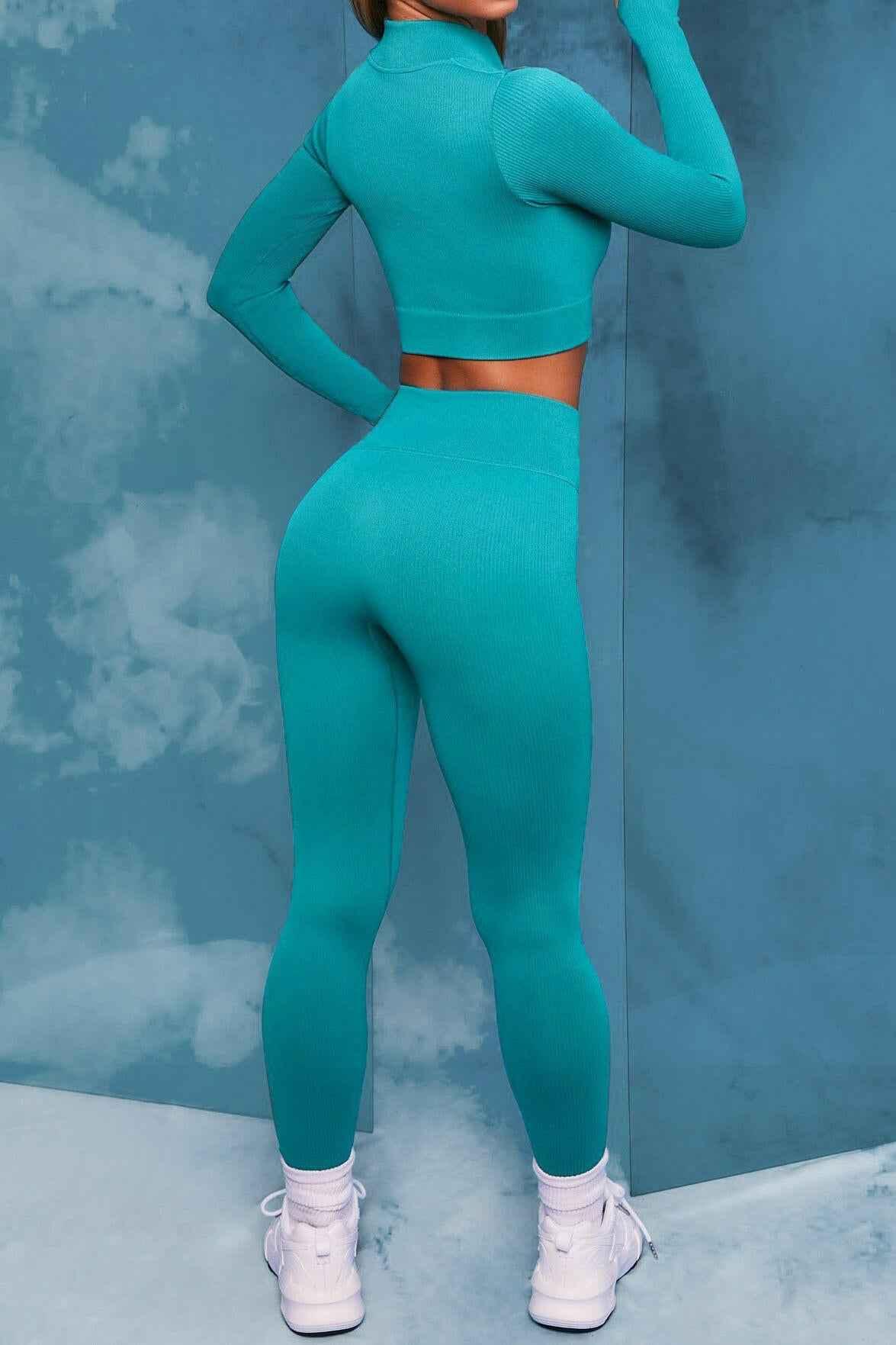 Front Zip Long Sleeve Crop Top Seamless Ribbed Texture Full Length High Waist Workout Fitness Legging workout clothes set