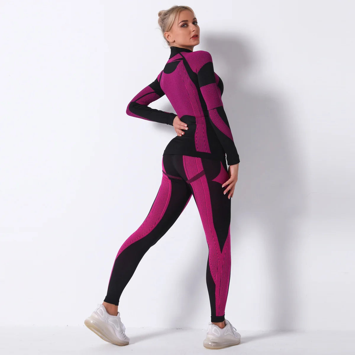 Breathable Yoga Workout Long Sleeve Shirt Leggings Set Gym Sports Fitness Striped Pants Suit For Women
