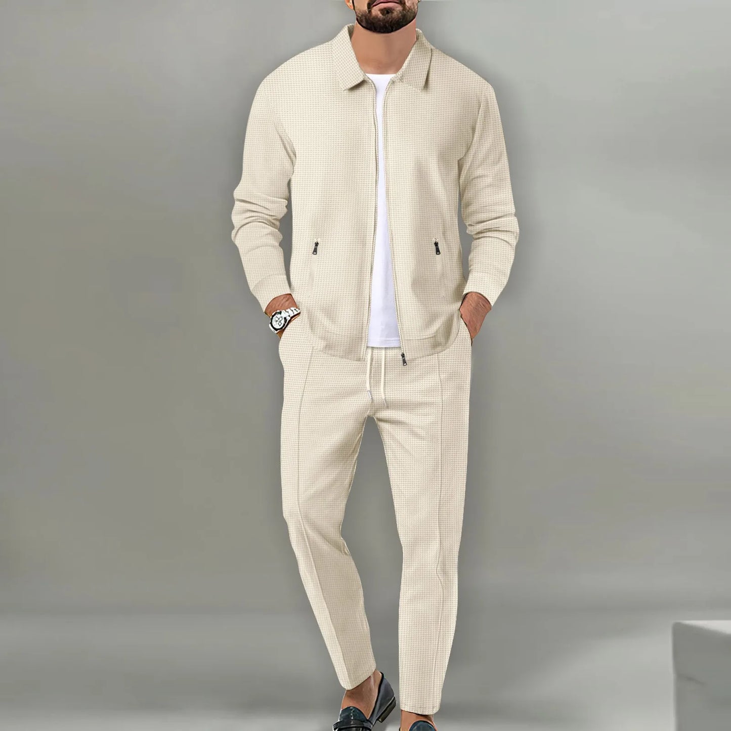 2024 Korea new men's fall two-piece jogging lapel jacket top + loose pants cotton casual sportswear big size workwear suit