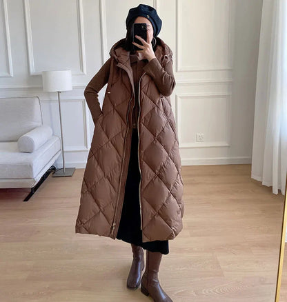 Luxury Women's Sleeveless down Vest Winter Warm Hooded Zipper Long Jacket with Belt Fashion Outerwear