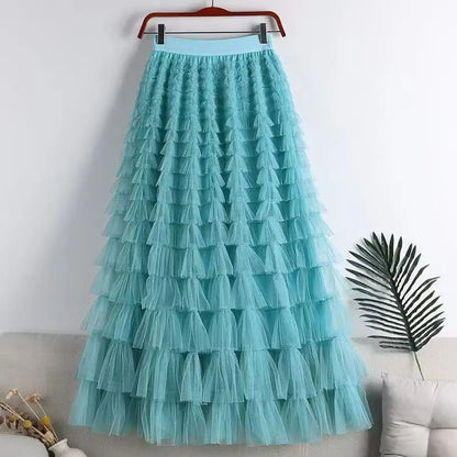 High-Waisted Mesh Layered Skirt for Women – Spring & Fall Elegant Cake Skirt