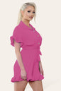Pleated Ruffle Shirt Short Playsuit With Frill Hems