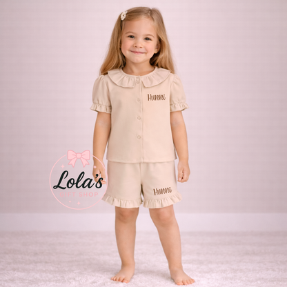 Linen personalised frill shorts and Tshirt set