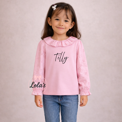 Personalised linen long sleeve frill top