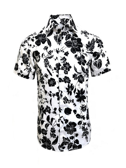 White & Black Floral Print Short Sleeves Shirt