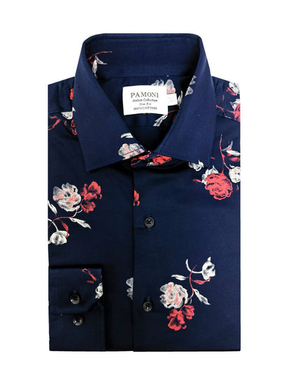 Navy Floral Print Slim Fit Shirt