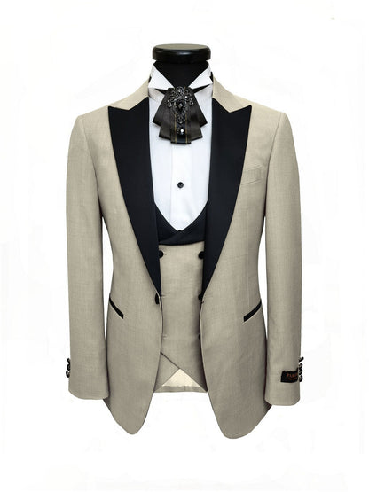 Beige 3-Piece Tuxedo With Black Peak Lapel