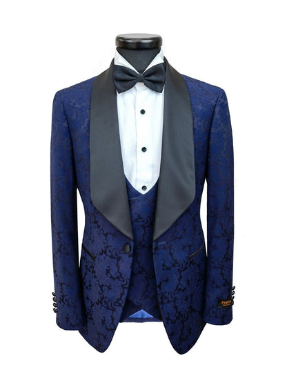 Midnight Blue Floral Pattern 3-Piece Tuxedo