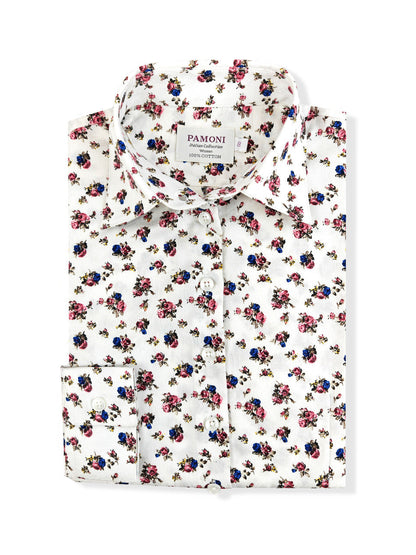 White Pink and Blue Flower Print Women's Shirt