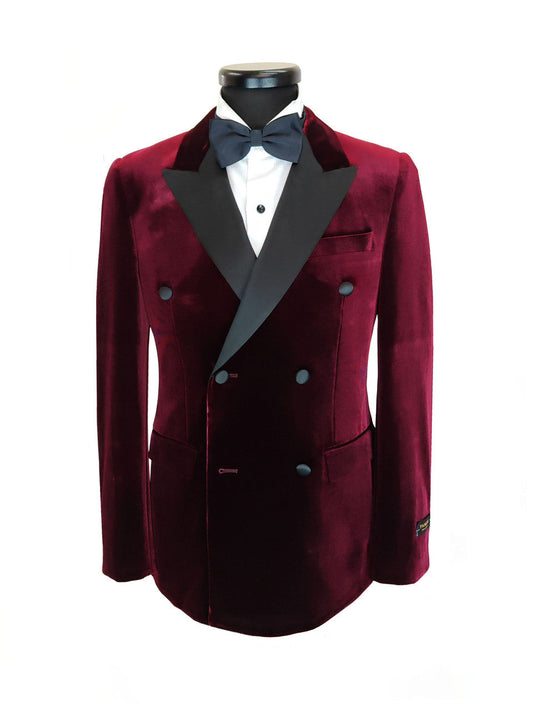 Burgundy Double Breasted Velvet Tuxedo Blazer