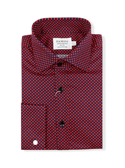 Men's Slim Fit Red & Blue Geometric Print Shirt