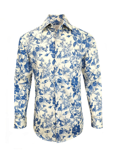 Men's Slim Fit Blue & White Nature Print Shirt