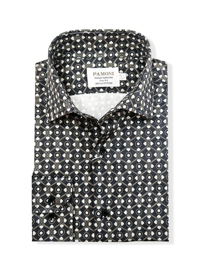 Men’s Black & White Geometric Print Slim Fit Shirt – 100% Cotton