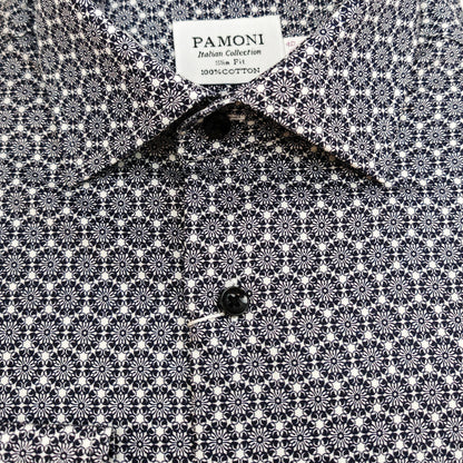 Men’s Navy & White Micro Floral Print Slim Fit Shirt – 100% Cotton