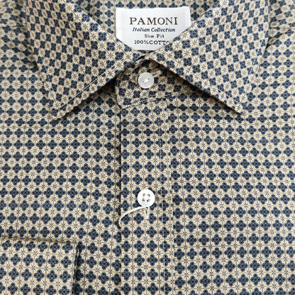 Men’s Beige & Navy Geometric Print Slim Fit Shirt – Double Cuffs, 100% Cotton