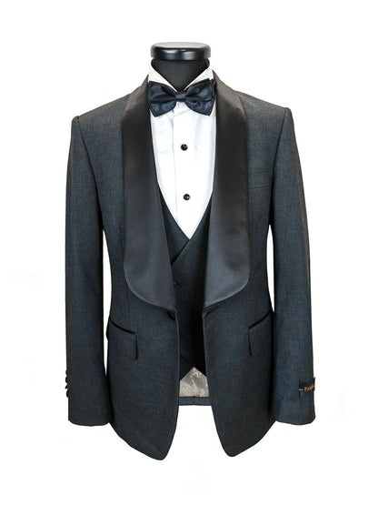 Men’s Slim Fit Wool-Blend Tuxedo with Satin Shawl Lapels – Charcoal