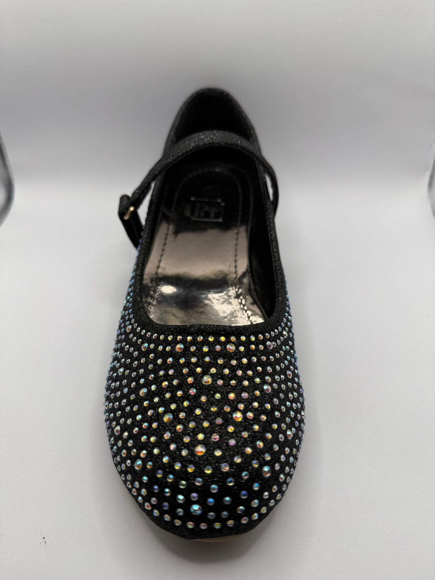 The Shoe Box Boutique Girls Black Glitter Mary Jane Shoes with Iridescent Rhinestones