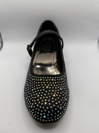The Shoe Box Boutique Girls Black Glitter Mary Jane Shoes with Iridescent Rhinestones
