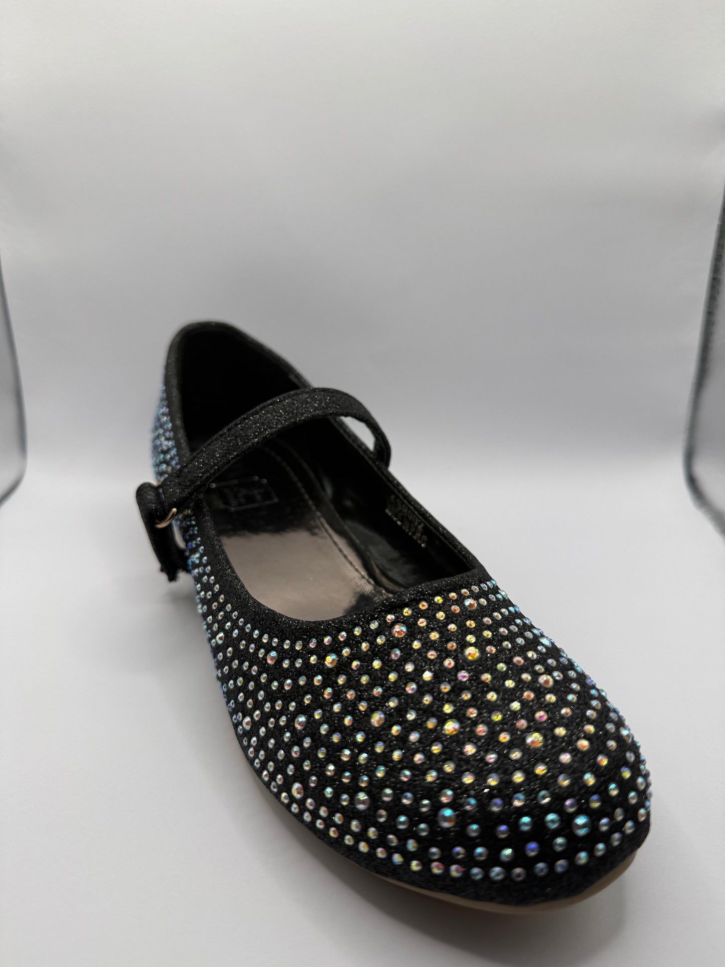 The Shoe Box Boutique Girls Black Glitter Mary Jane Shoes with Iridescent Rhinestones