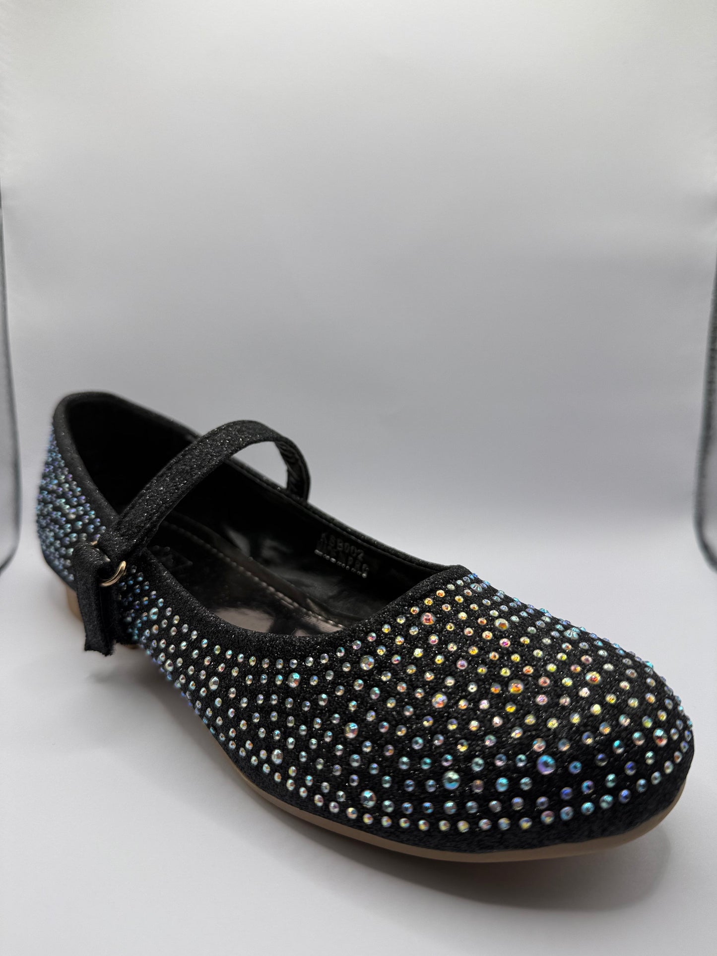 The Shoe Box Boutique Girls Black Glitter Mary Jane Shoes with Iridescent Rhinestones