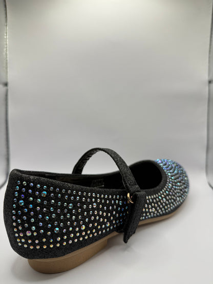 The Shoe Box Boutique Girls Black Glitter Mary Jane Shoes with Iridescent Rhinestones