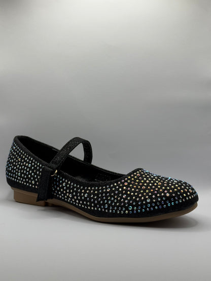 The Shoe Box Boutique Girls Black Glitter Mary Jane Shoes with Iridescent Rhinestones
