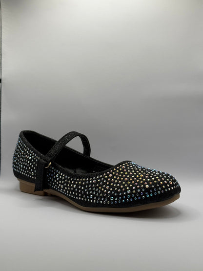The Shoe Box Boutique Girls Black Glitter Mary Jane Shoes with Iridescent Rhinestones