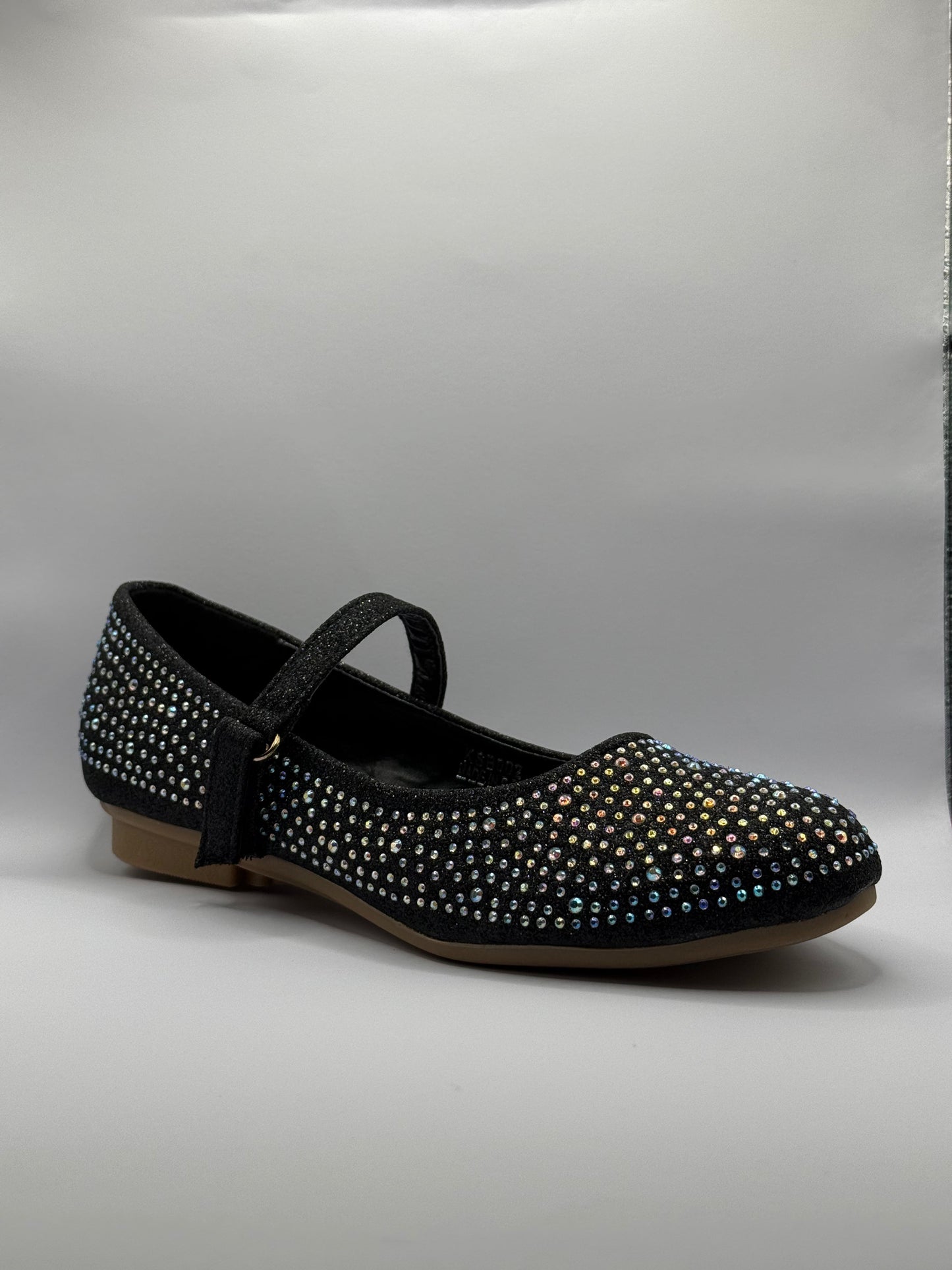 The Shoe Box Boutique Girls Black Glitter Mary Jane Shoes with Iridescent Rhinestones